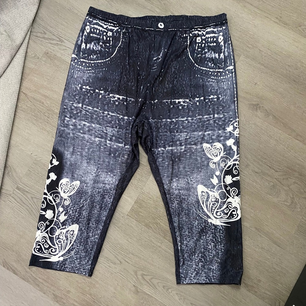 Denim Print Capri Leggings Womens 3XL Blue Butterfly Cropped Pants